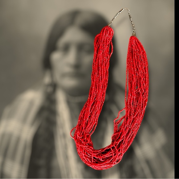 VINTAGE 1970s RARE American Indian Multi Strand Red Seed Bead Coral Necklace - Picture 1 of 16